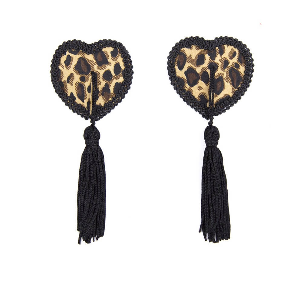 Självhäftande och hjärtformade nipples i leopardmönster med tofs.