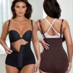 Kvinna i formande underkläder framifrån och bakifrån. Body Shaper med Hög Midja och Justerbara Axelband