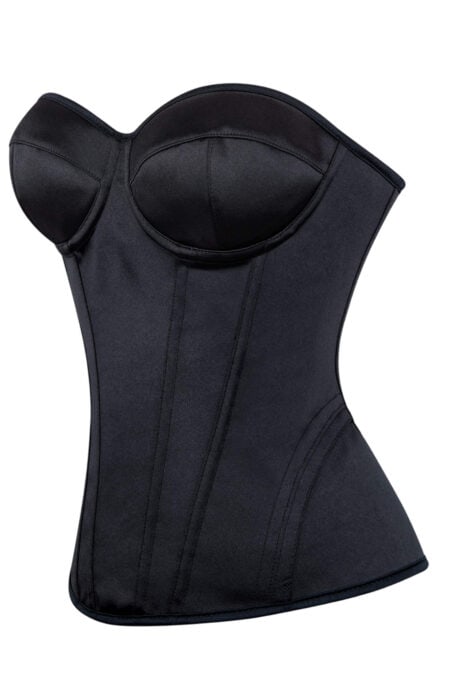 Svart korsett med bygel och strukturerad design.