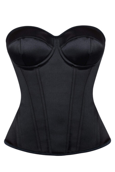 Svart bustier utan axelband. Svart Bustier Korsett Topp i Glansig Satin