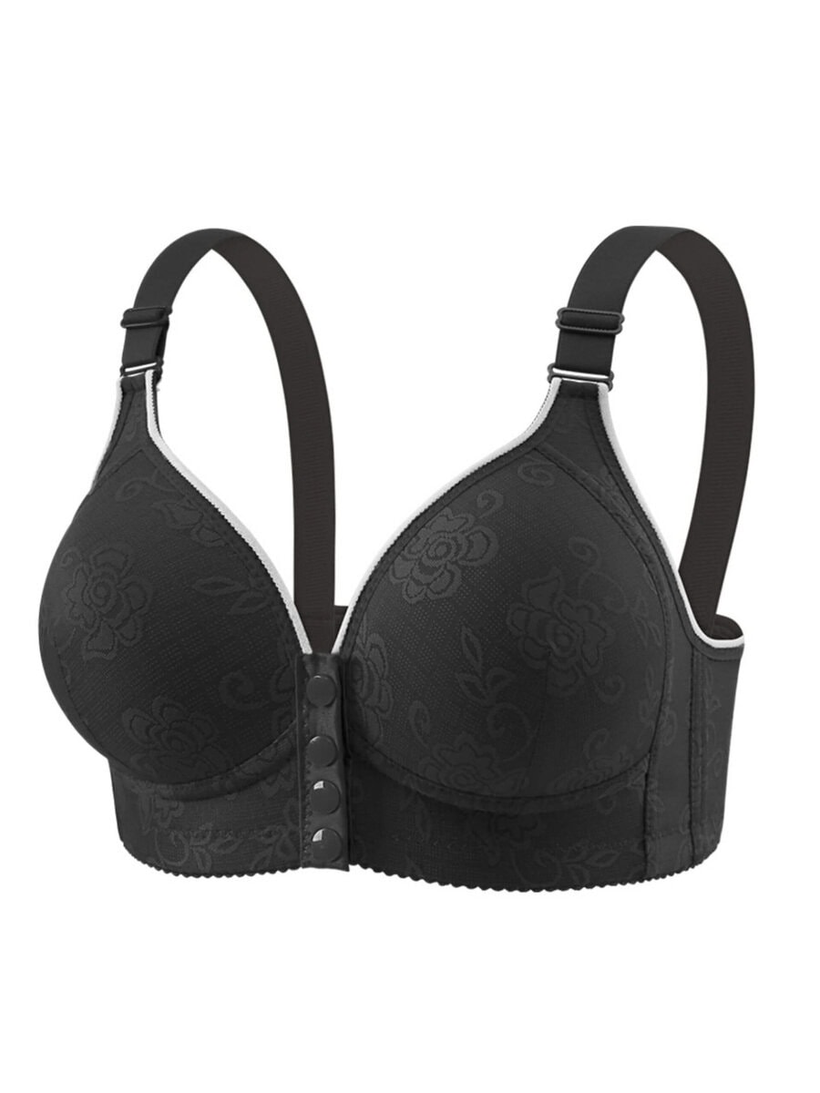 Svart framknäppt bh med blommönster - Vadderad Formpressad BH med Breda Axelband – Perfekt Stöd