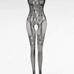 Bodystocking med öppen gren och spets – Erotisk kroppsstrumpa i svart