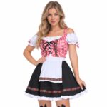 Rosa och svart Oktoberfest damkostym med förkläde på modell. Oktoberfestklänning med förkläde – Röd, svart och vit